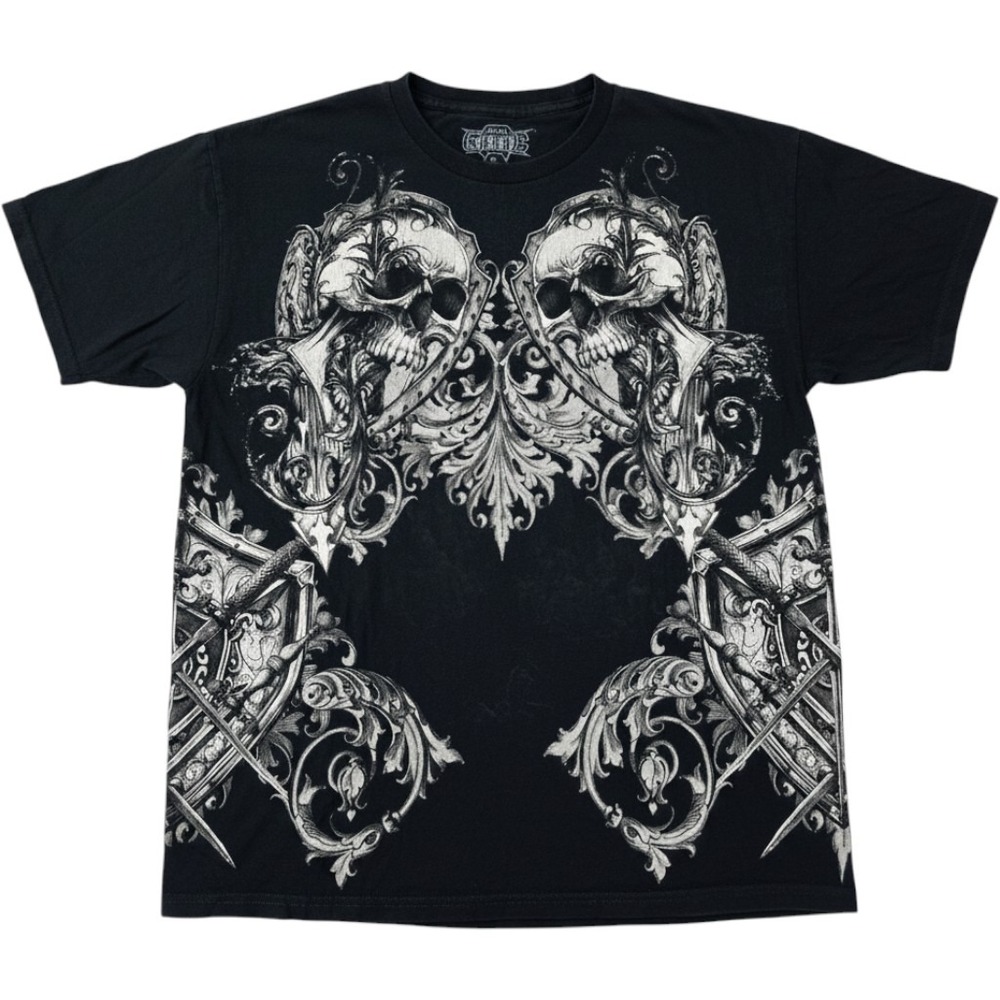 MMA Elite Mens Skull Graphic T-Shirt Black Cotton Filigree Print Size L EUC